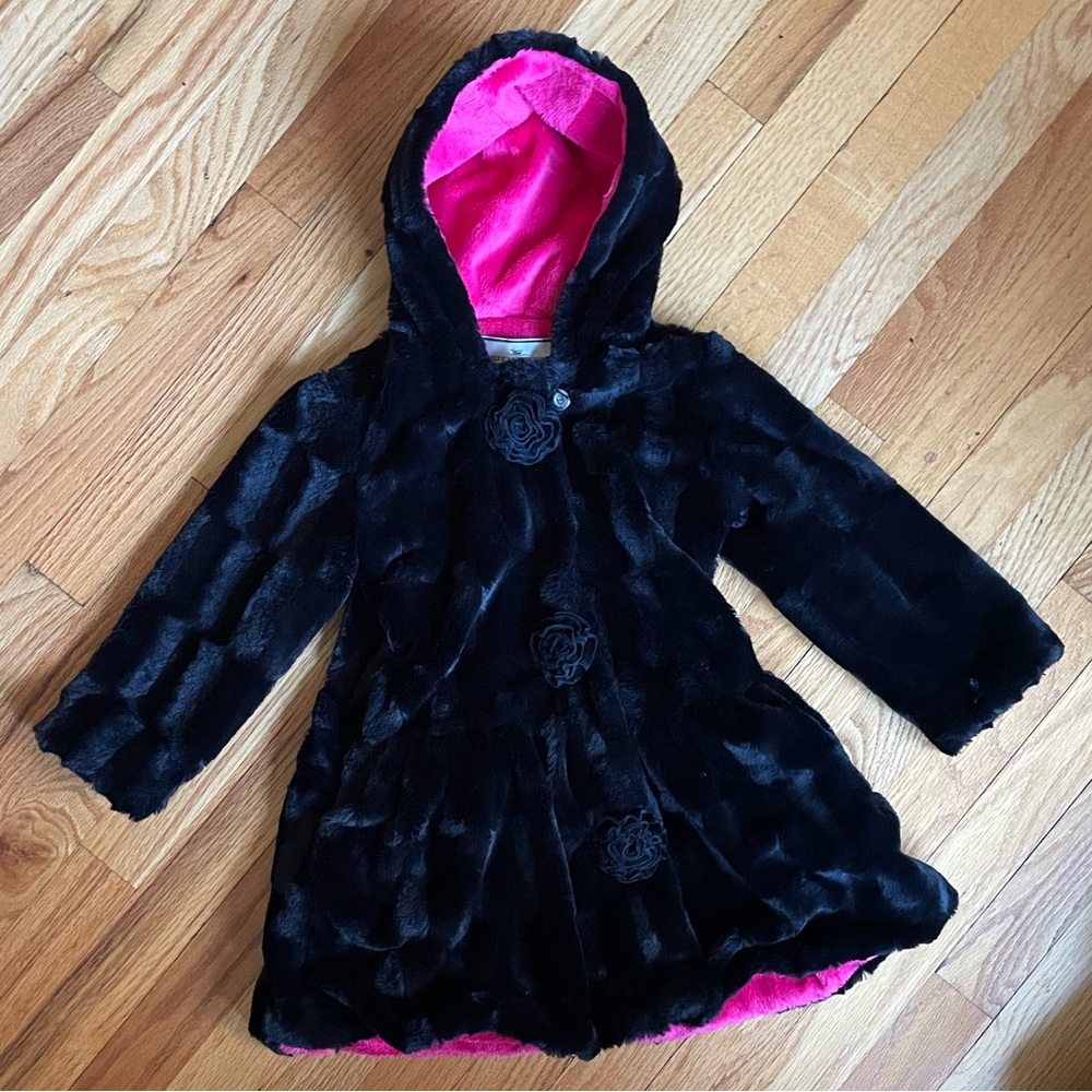American Widgeon Black & Pink Faux Fur Coat - Girls Size 5